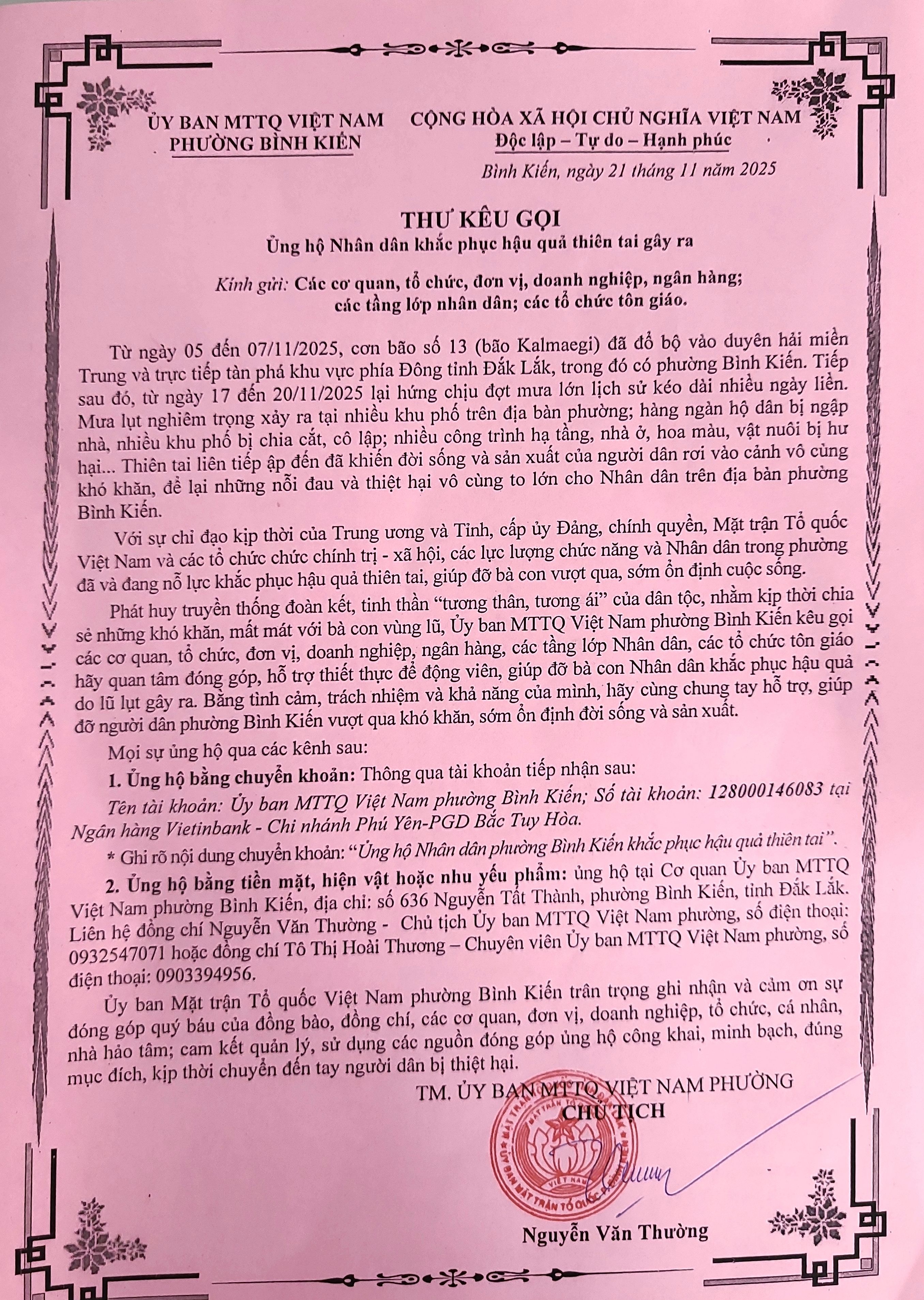 UBMTTQVN PHƯỜNG BÌNH KIẾN – KÊU GỌI ỦNG HỘ ĐỒNG BÀO BỊ ẢNH HƯỞNG DO MƯA LŨ